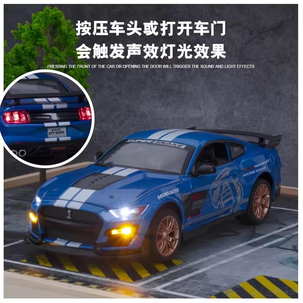 FEXXA 1:32 Scale Mustang Shelby GT500 Die-Cast Metal Car with Sport car Openable Doors Light and Sound,Pull Back Function Indoor Outdoor Toy for Kids (1:32 Mustang Shelby GT500-BLUE) - Image 2