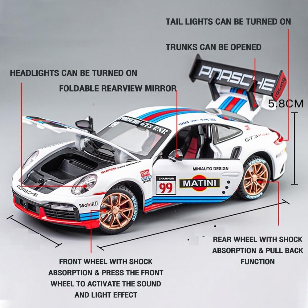 Sky Tech® Porsche 911 GT3 RS RSR Turbo S 1:32 Scale Model Car Exclusive Alloy Metal car Pull Back Die-cast Metal Toy car with Openable Doors Light Music Best Gifts Toys Kids【Colors as Per Stock】 - Image 7