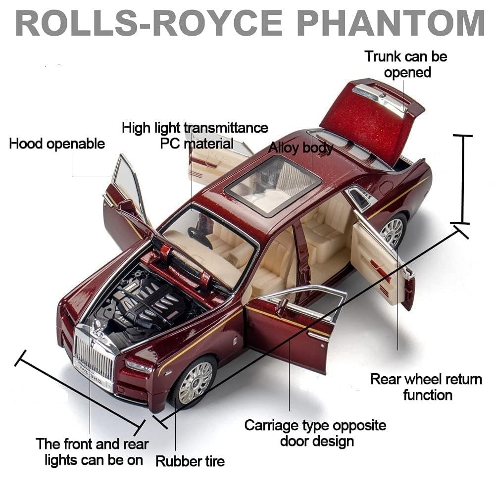 Sky Tech® Rolls Royce Phantom Model Car 1:32 Scale Exclusive Alloy Metal Pull Back Die-cast Car Toy with Openable Doors & Light Music Boys Toys for Kids (Phantom 1:32)【Colors as Per Stock】 - Image 8