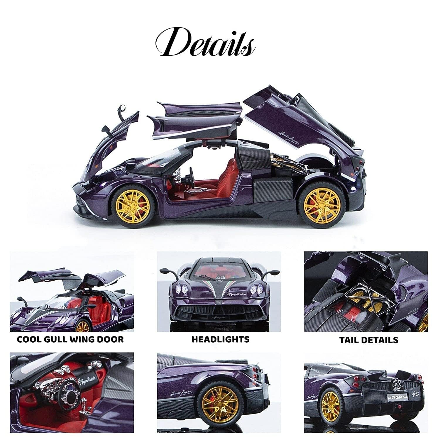 Sky Tech® Pagani Huayra 1:32 Model Car Exclusive Alloy Metal Pull Back Die-cast Car Diecast Metal Toy car with Openable Doors & Light Music Best Gifts Toys Kids【Colors as Per Stock】 - Image 3