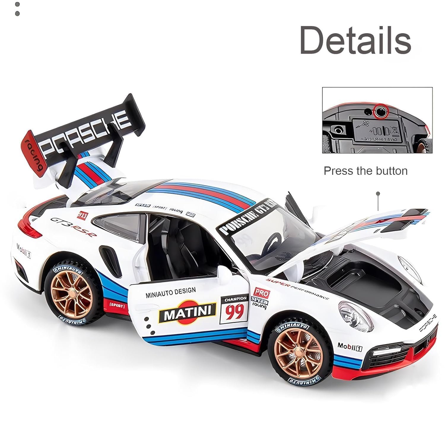 Sky Tech® Porsche 911 GT3 RS RSR Turbo S 1:32 Scale Model Car Exclusive Alloy Metal car Pull Back Die-cast Metal Toy car with Openable Doors Light Music Best Gifts Toys Kids【Colors as Per Stock】 - Image 6