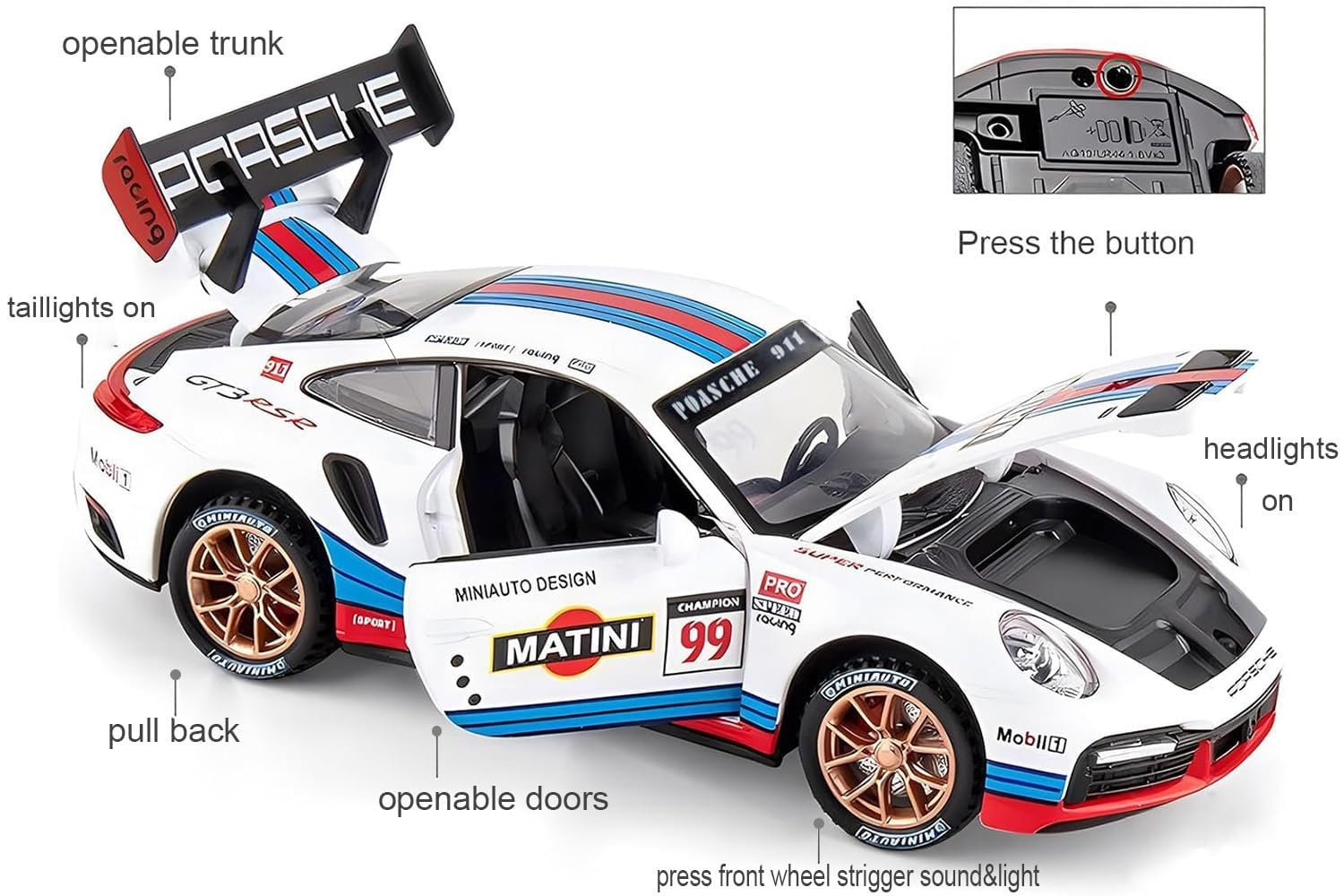 Sky Tech® Porsche 911 GT3 RS RSR Turbo S 1:32 Scale Model Car Exclusive Alloy Metal car Pull Back Die-cast Metal Toy car with Openable Doors Light Music Best Gifts Toys Kids【Colors as Per Stock】 - Image 2