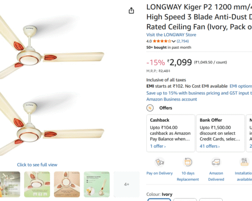 LONGWAY Kiger P2 1200 mm/48 inch Ultra High Speed 3 Blade Anti-Dust Decorative Star Rated Ceiling Fan (Ivory, Pack of 2)