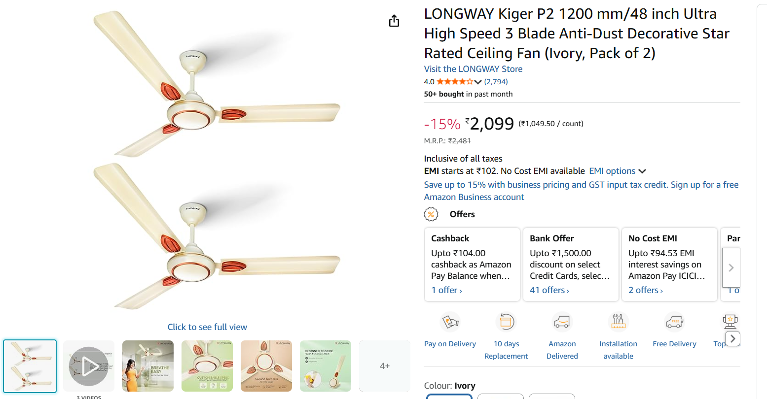 LONGWAY Kiger P2 1200 mm/48 inch Ultra High Speed 3 Blade Anti-Dust Decorative Star Rated Ceiling Fan (Ivory, Pack of 2)