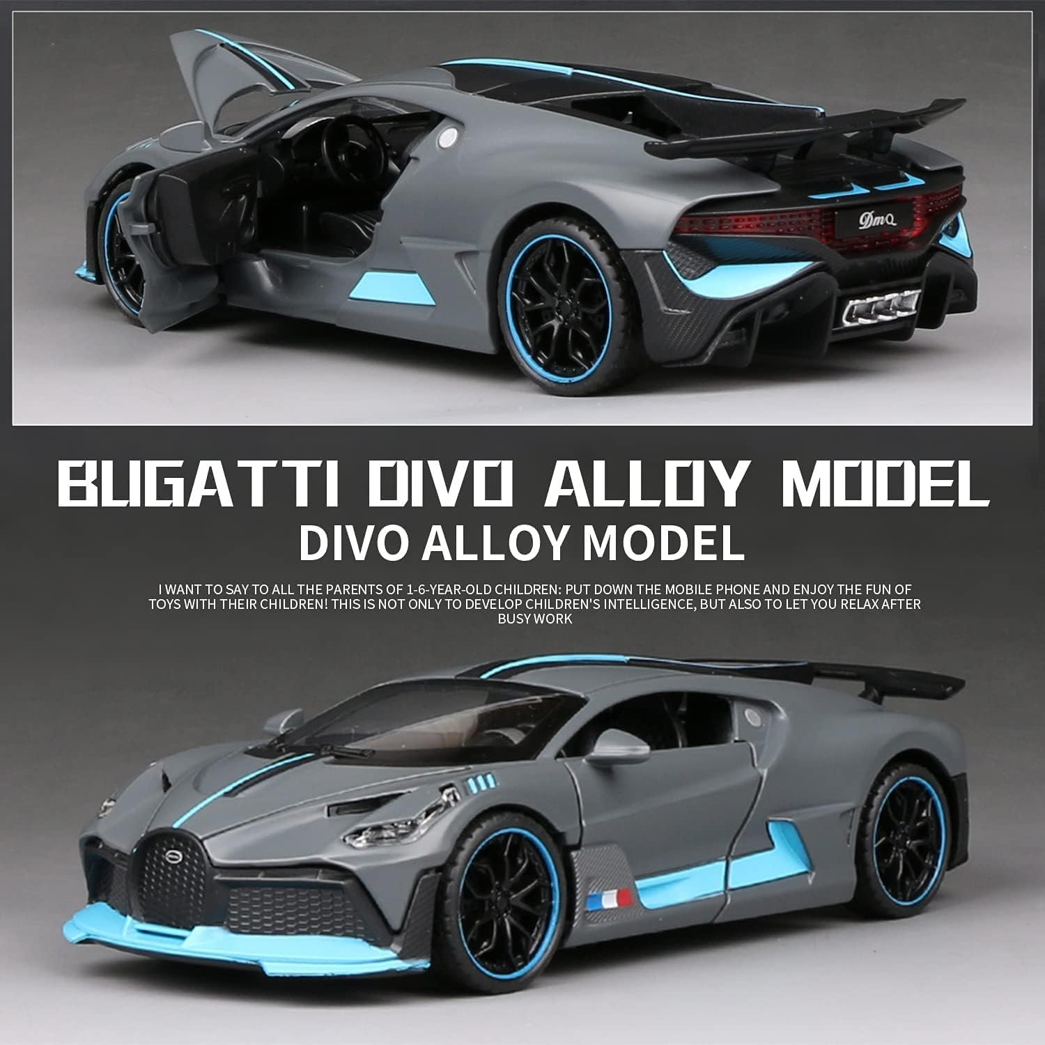PRIME DEALS 1:32 Bugatti Divo Exclusive Alloy Metal Pull Back Die-cast Car Diecast Metal Pullback Toy car with Openable Doors Hood & Light, Music Decorative Mini Vehicles Gifts for Kids (Grey) - Image 3