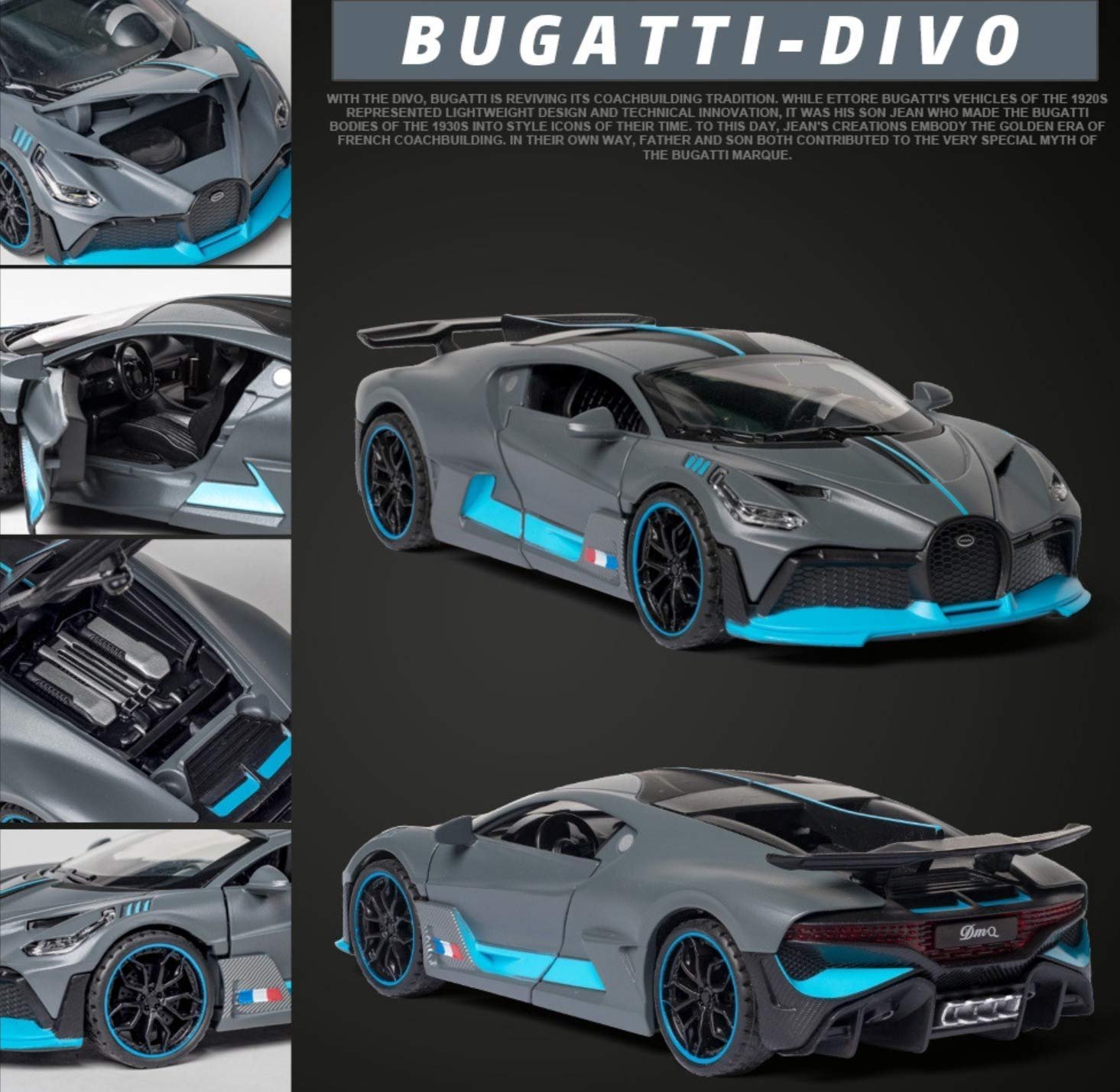 Brand Conquer 1:32 Bugatti Divo Metal Alloy Pull Back Car Diecast Electronic Toys with Openable Doors Lights and Music,Decorative,Mini Vehicles Toys for Kids,Young Peoples Gift (Gray) - Image 3