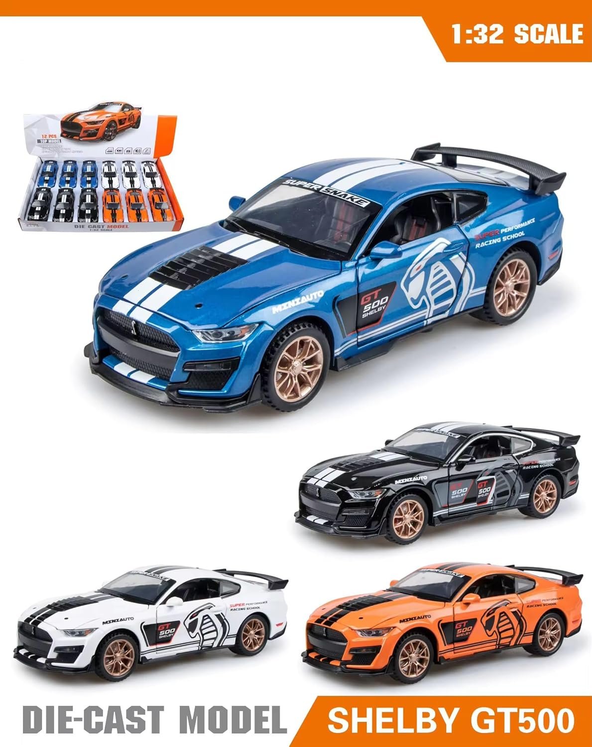 FEXXA 1:32 Scale Mustang Shelby GT500 Die-Cast Metal Car with Sport car Openable Doors Light and Sound,Pull Back Function Indoor Outdoor Toy for Kids (1:32 Mustang Shelby GT500-WHITE) - Image 3