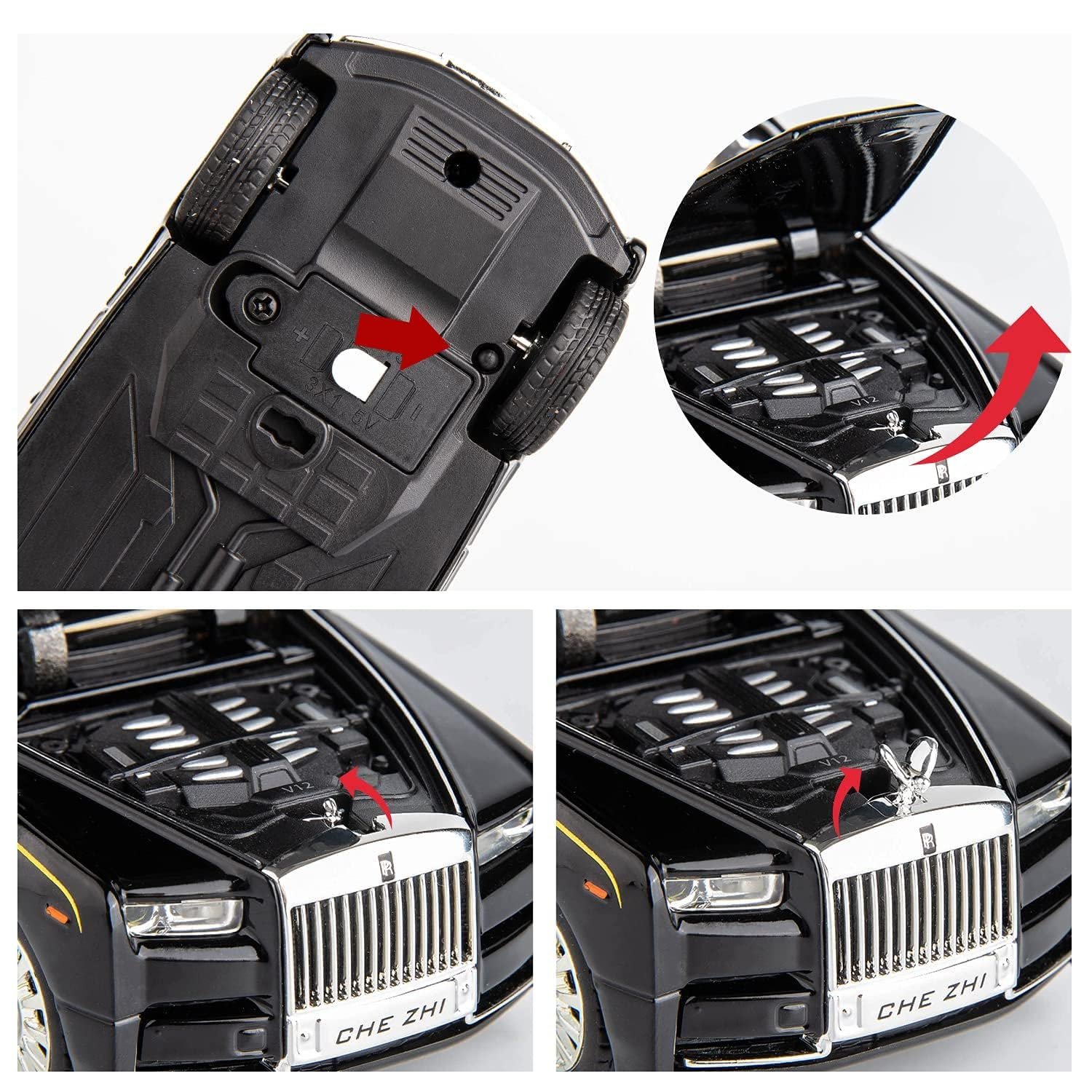 Okean Exclusive Alloy Metal Pull Back Die-cast Car 1:32 Roll Royce Phantom Diecast Metal Pullback Toy car with Openable Doors & Light, Music Boys Gifts Toys for Kids【 Black 】 - Image 3